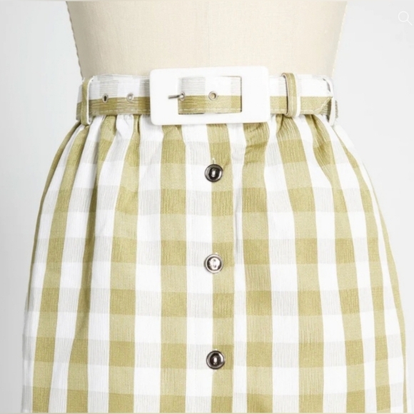 Modcloth New Retro green Gingham Checked Midi skirt belted Size 12 Acadamia - Picture 4 of 11
